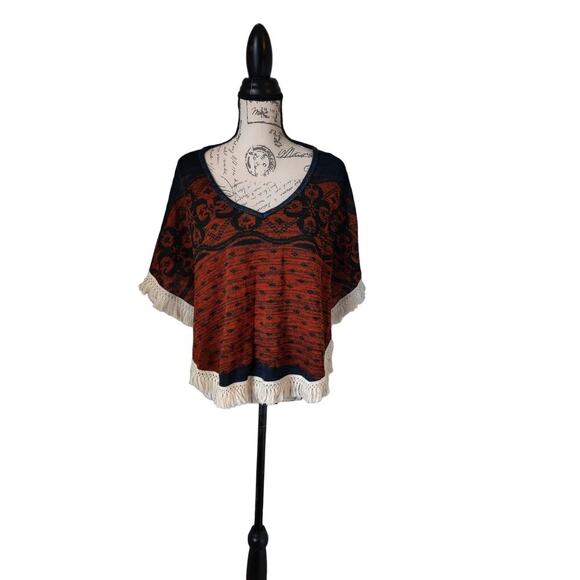 Vintage Havana Fringed Poncho Cape V-Neck Boho One Size Orange Blue - Picture 2 of 11